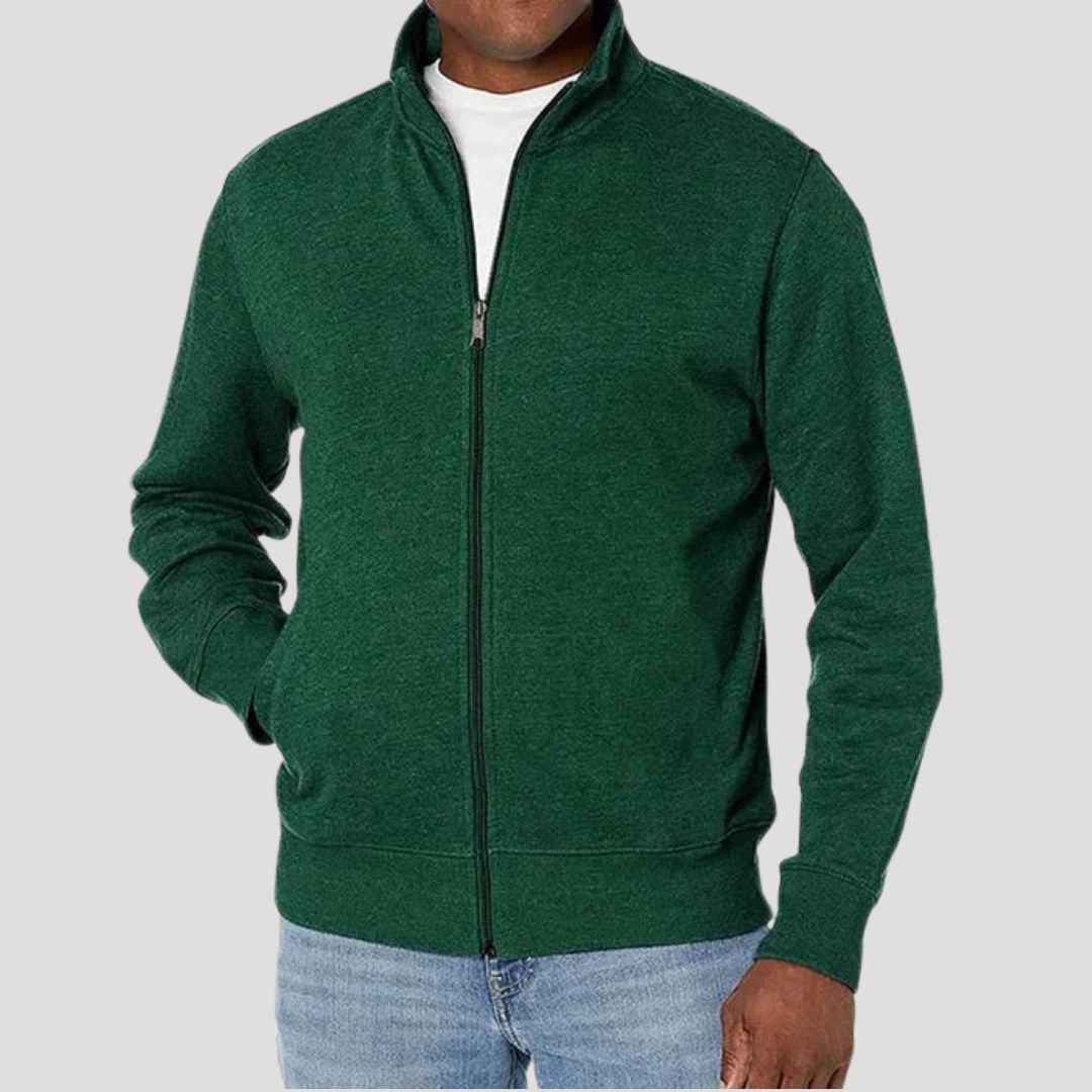 Men's long-sleeve zip-up jacket with stand collar and side pockets