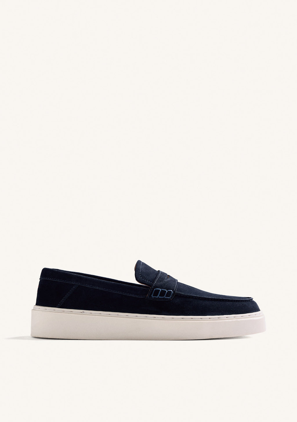 Men's navy loafers with penny strap and off-white platform sole