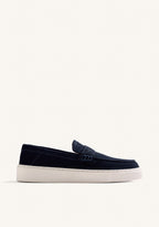 Men's navy loafers with penny strap and off-white platform sole
