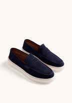 Men's navy loafers with penny strap and off-white platform sole