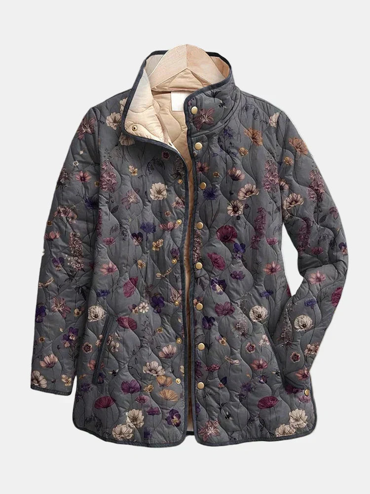 Women's multicoloured floral quilted jacket with stand collar and button front