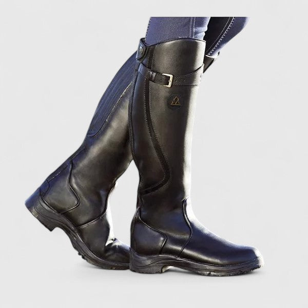 Women's knee-high boots with buckle straps, round toes and low heels