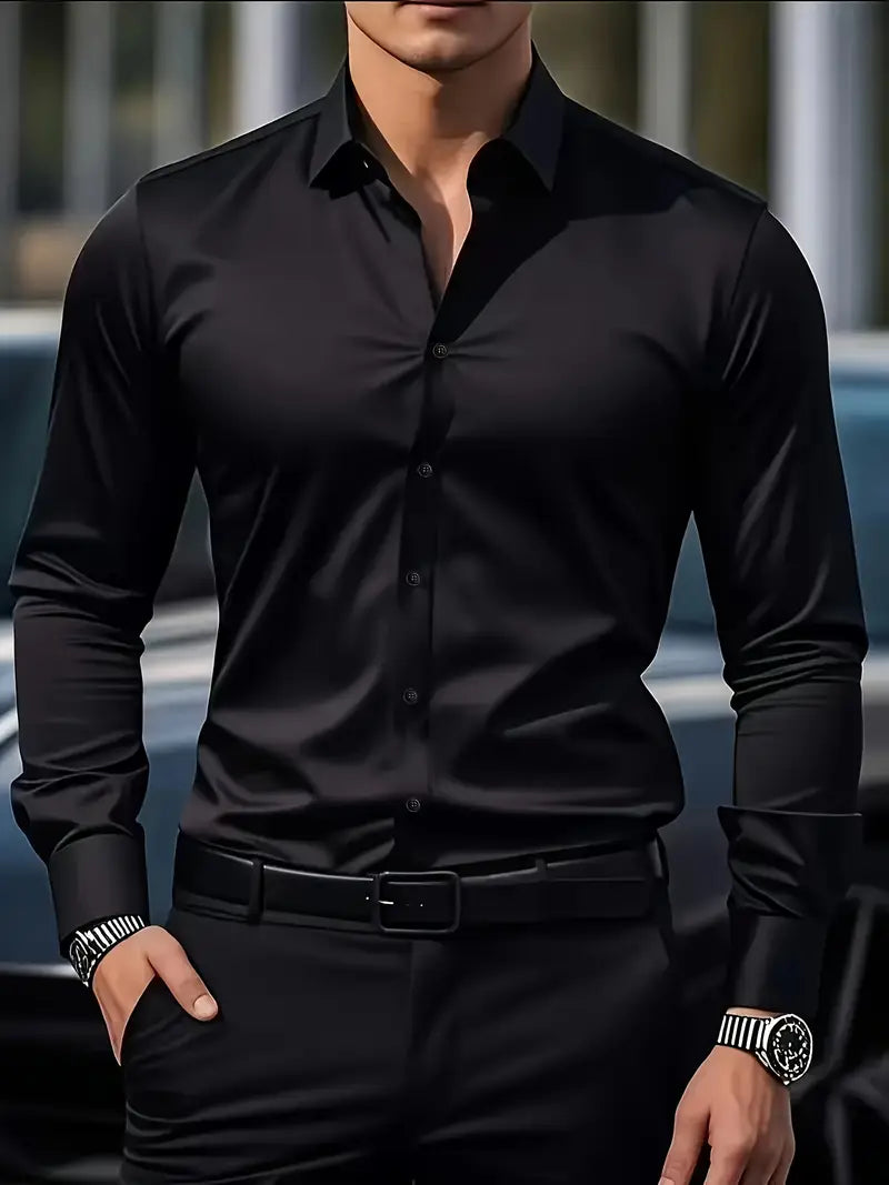 Men's slim fit long-sleeve shirt with pointed collar and button front