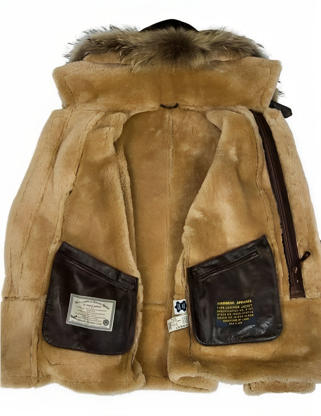 Men's brown hooded jacket with tan lining, buckle fastenings and front pockets