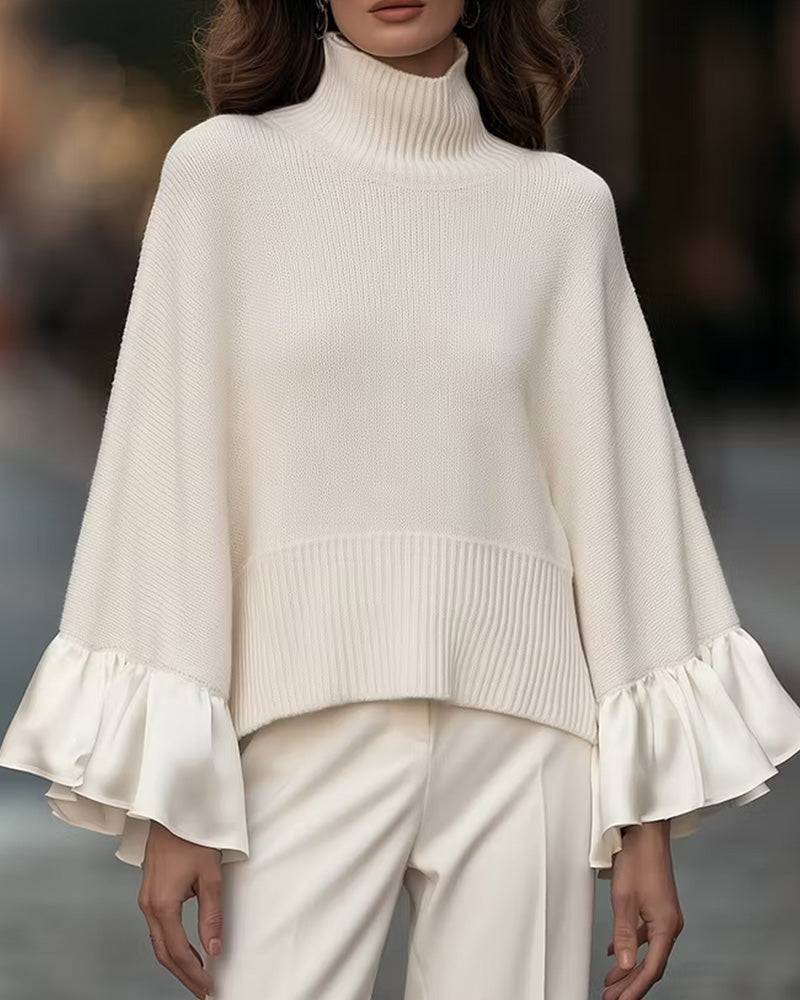 Women's beige roll neck jumper with long sleeves and layered ruffle cuffs