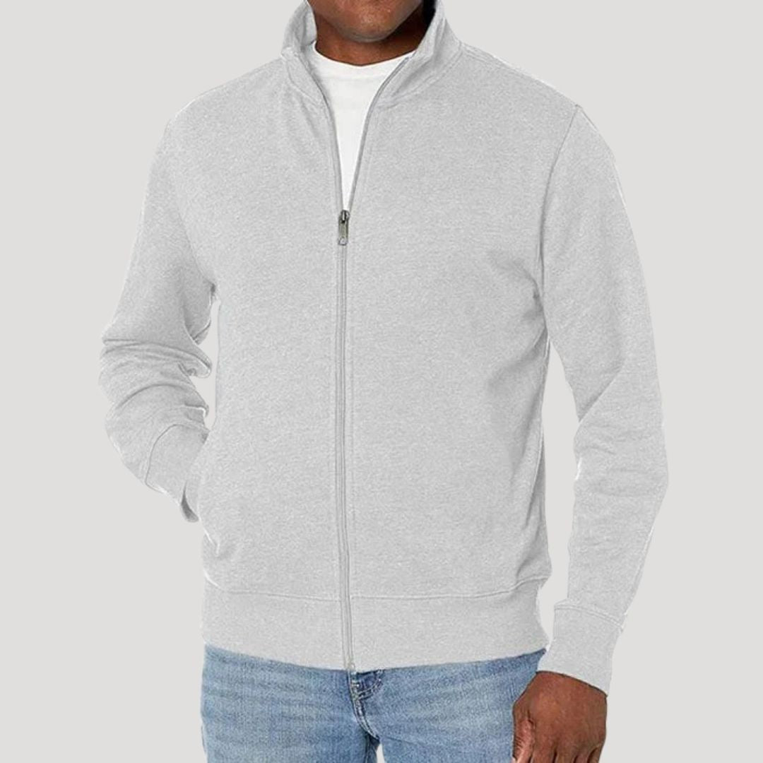 Men's long-sleeve zip-up jacket with stand collar and side pockets