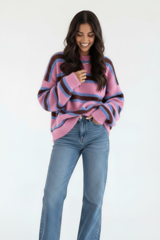 Women's pink striped knit jumper with crew neck and long sleeves