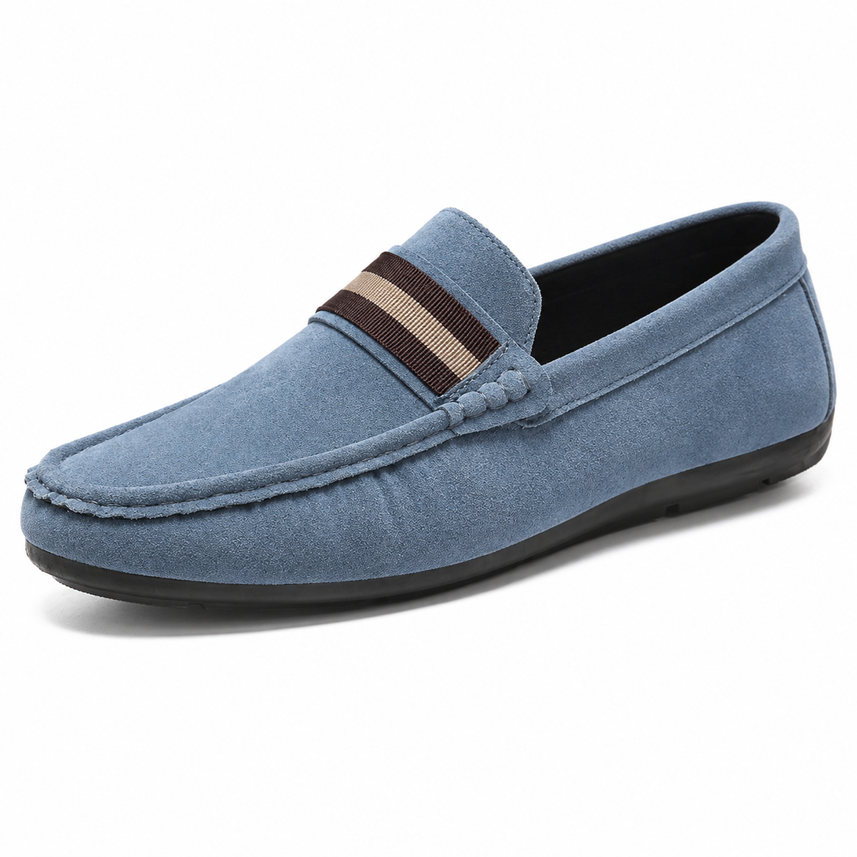 Men's moc toe loafer with striped vamp strap and flat black sole