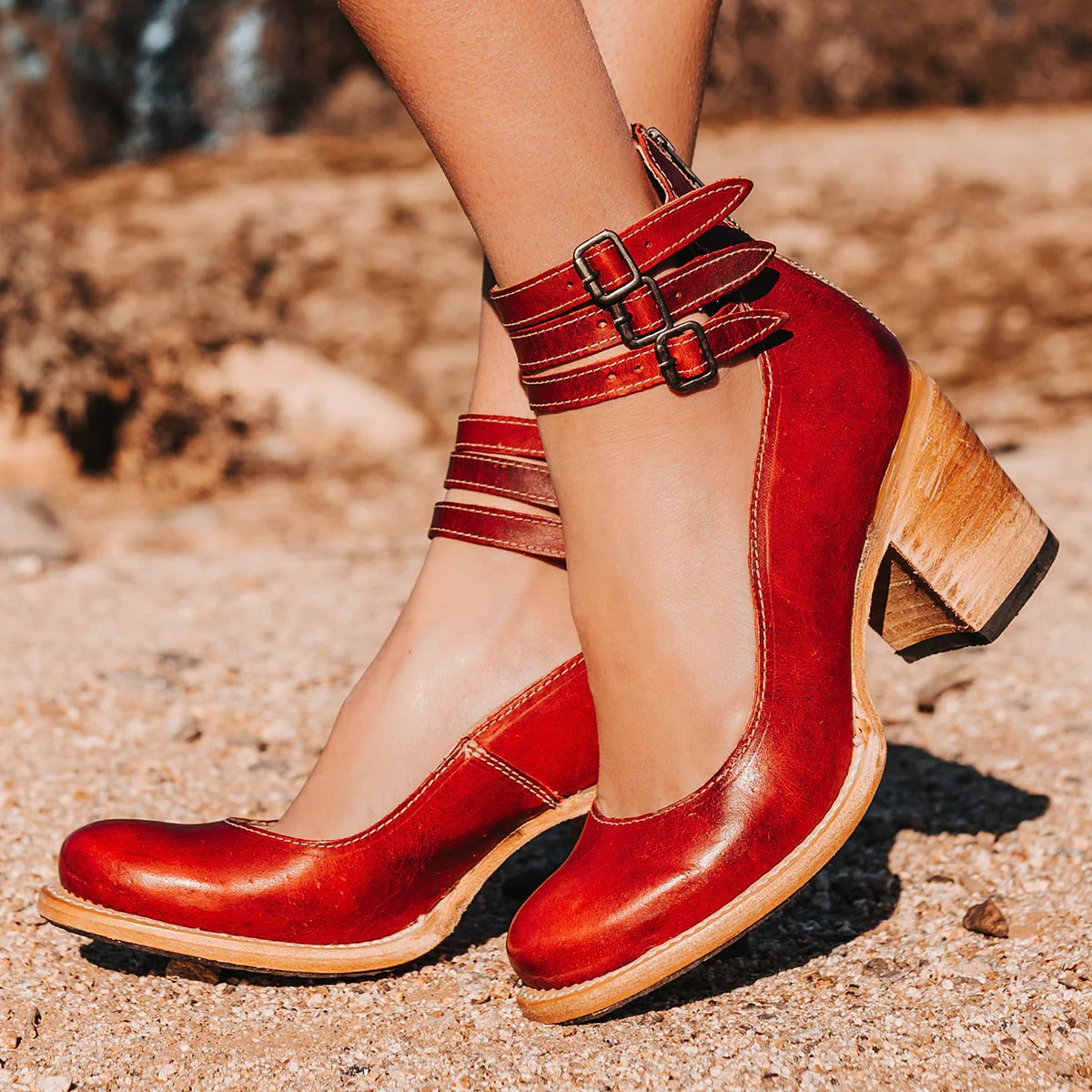 Women's closed-toe block heel shoes with multiple buckle ankle straps