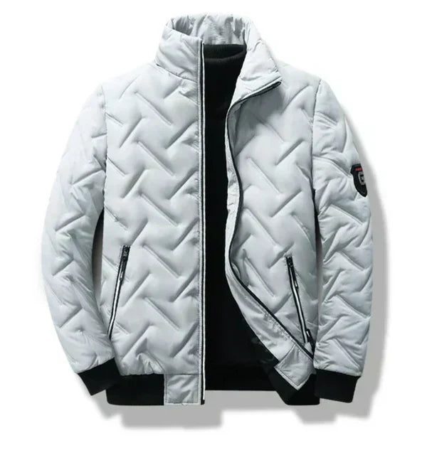 Men's quilted jacket with stand collar, zip front and angled zipped pockets