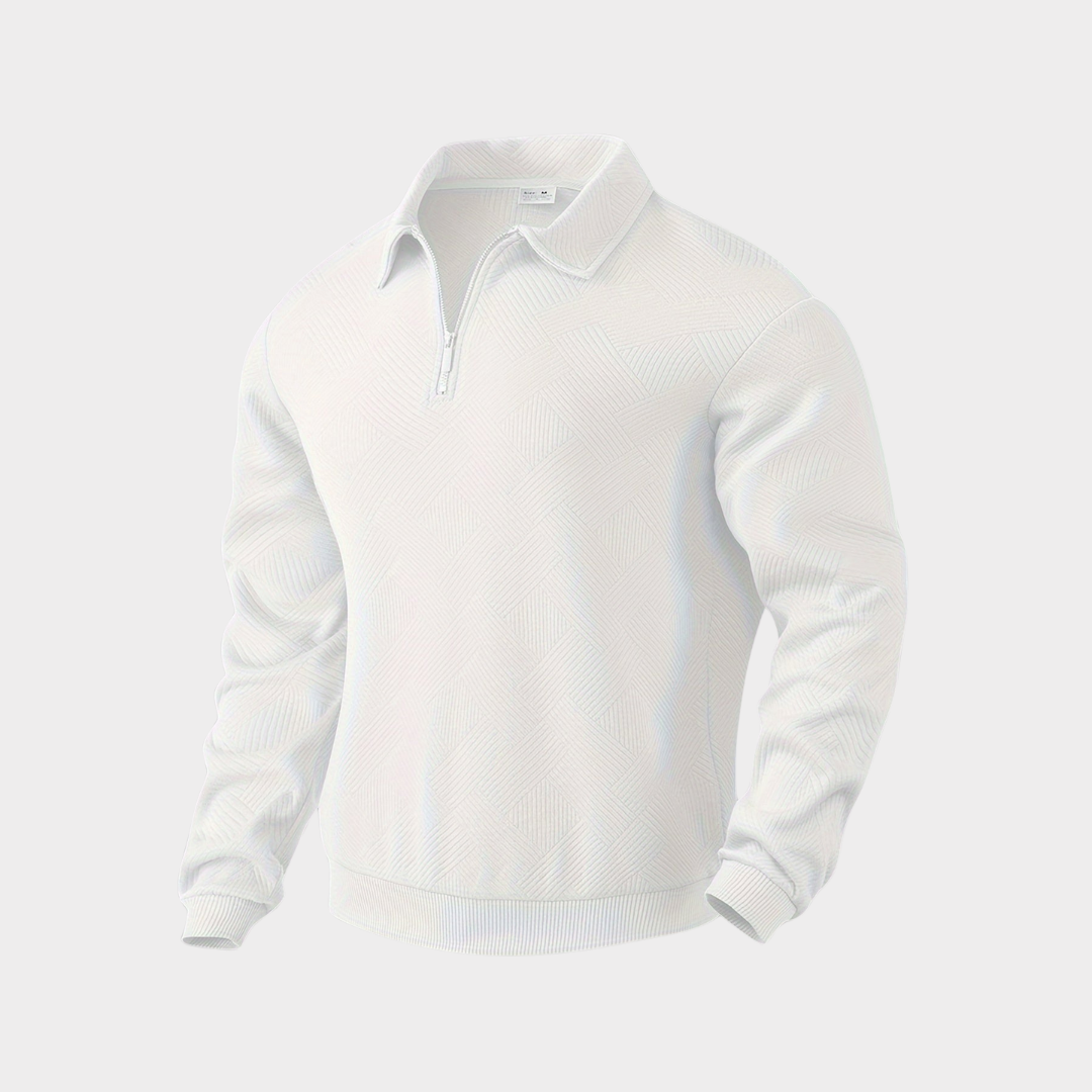 Men's textured half-zip collared jumper with long sleeves and ribbed trims