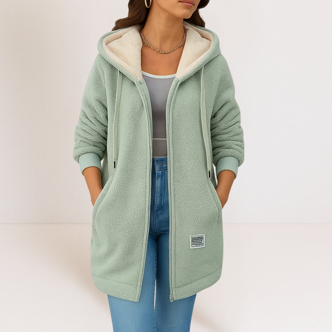 Women's longline hooded fleece jacket with full zip and front pockets