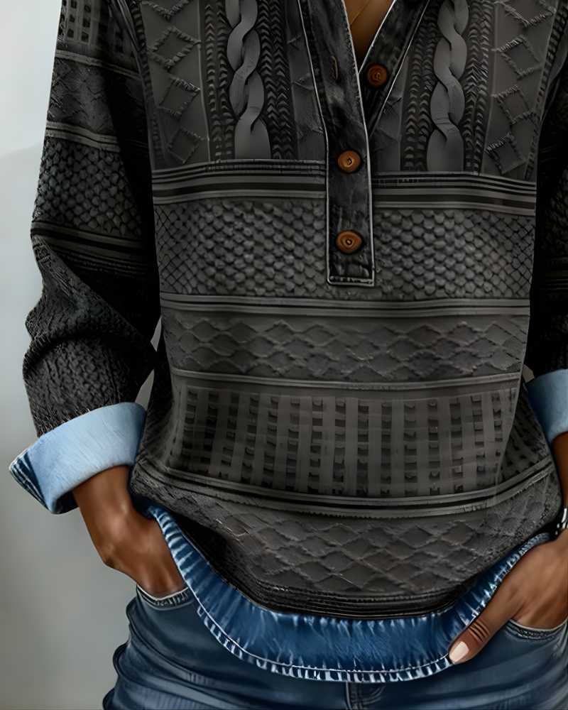 Women's patterned collared sweatshirt with half-button front and long sleeves
