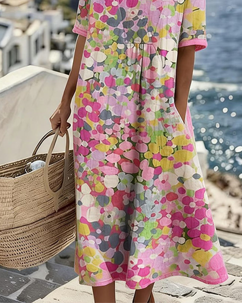 Women's abstract floral midi dress with round neck and short sleeves