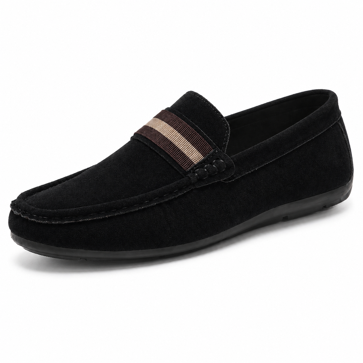 Men's moc toe loafer with striped vamp strap and flat black sole