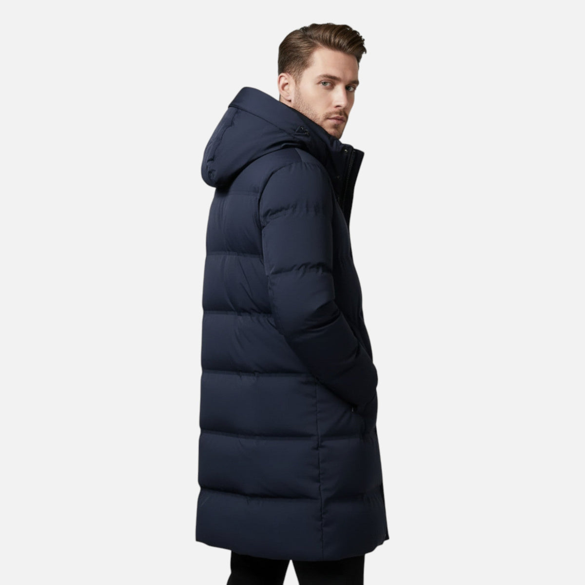 Men's hooded longline padded parka jacket with zip front and lower pockets
