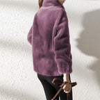 Women's plush fleece jacket with high collar, long sleeves and front zip