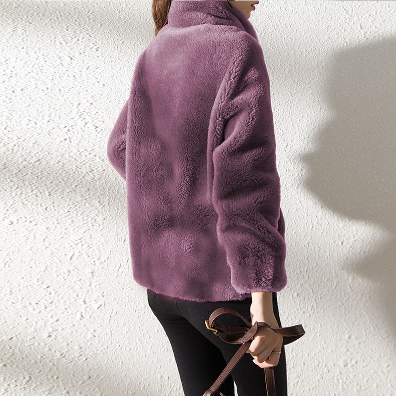 Women's plush fleece jacket with high collar, long sleeves and front zip