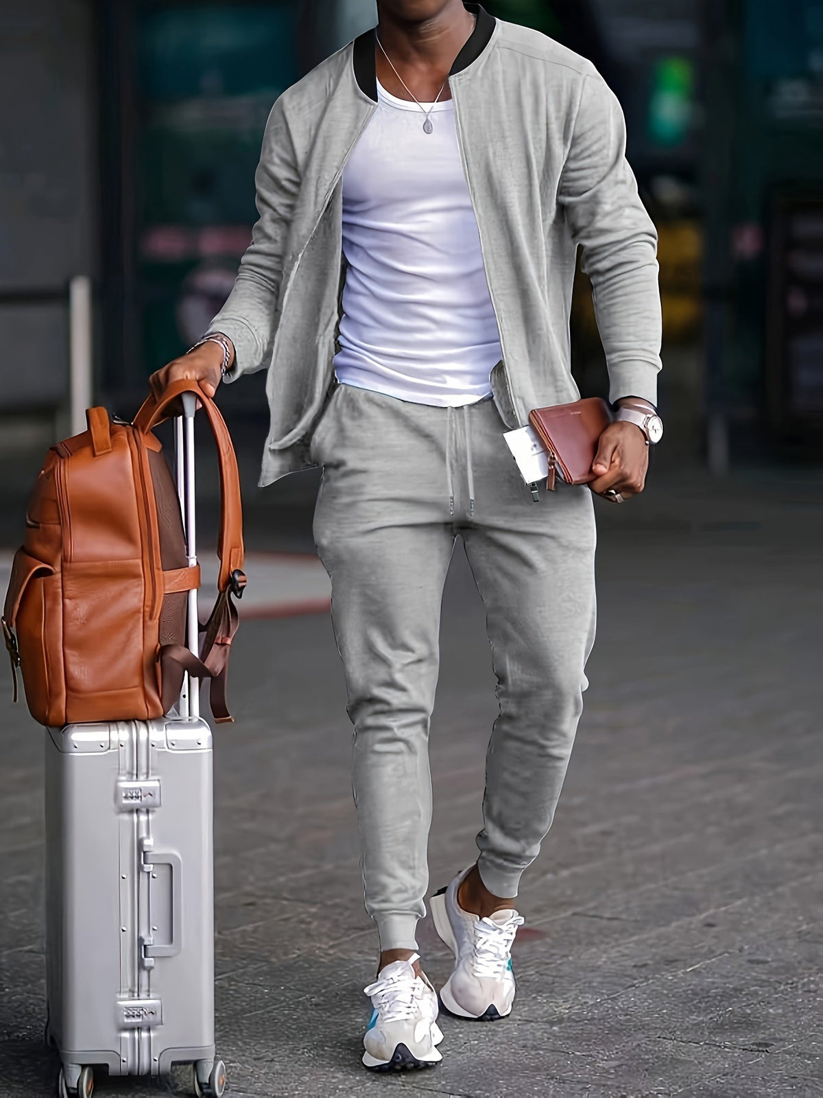 Men's solid tracksuit set with zip jacket and tapered jogger trousers
