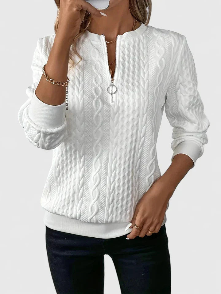 Women's textured cable knit quarter-zip sweater with long sleeves and ribbed trims