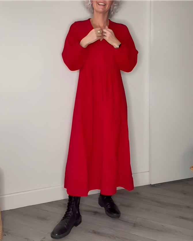 Women's long sleeve plain maxi dress with round neckline and A-line shape