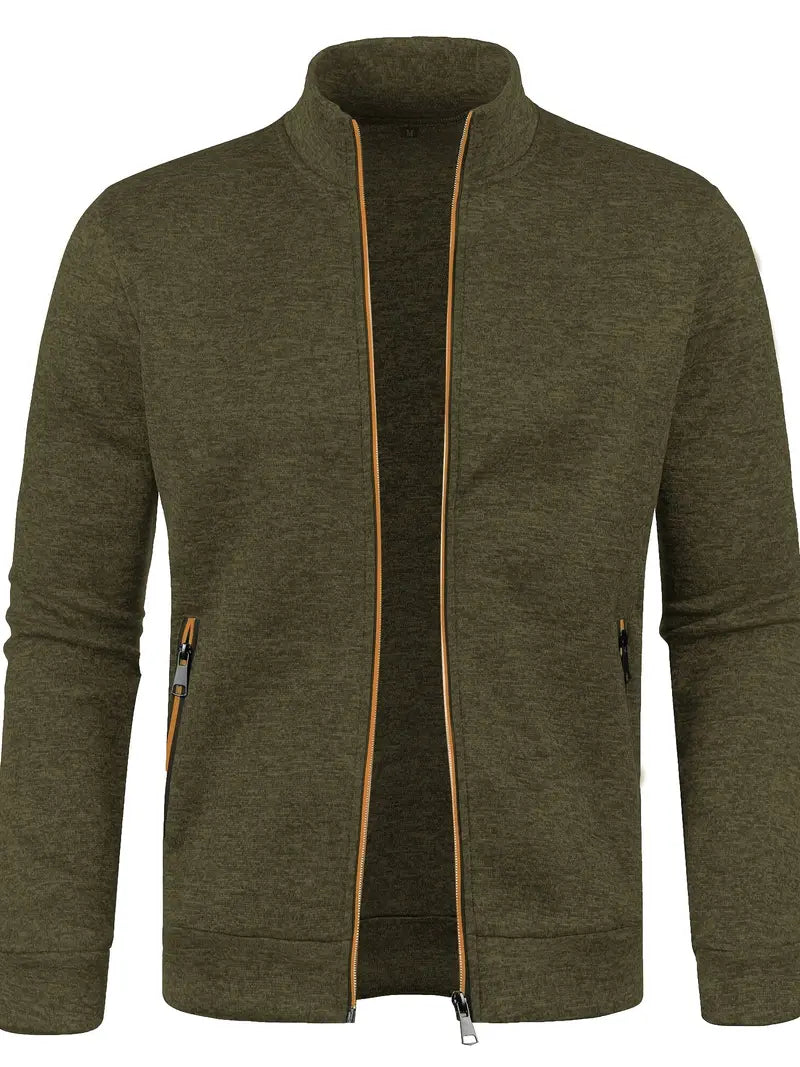 Men's full-zip cardigan with stand collar, long sleeves and zipped side pockets