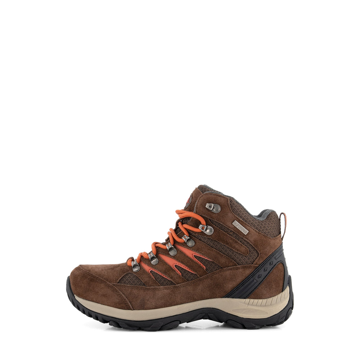 Brown lace-up hiking boots with orange laces and rugged black soles