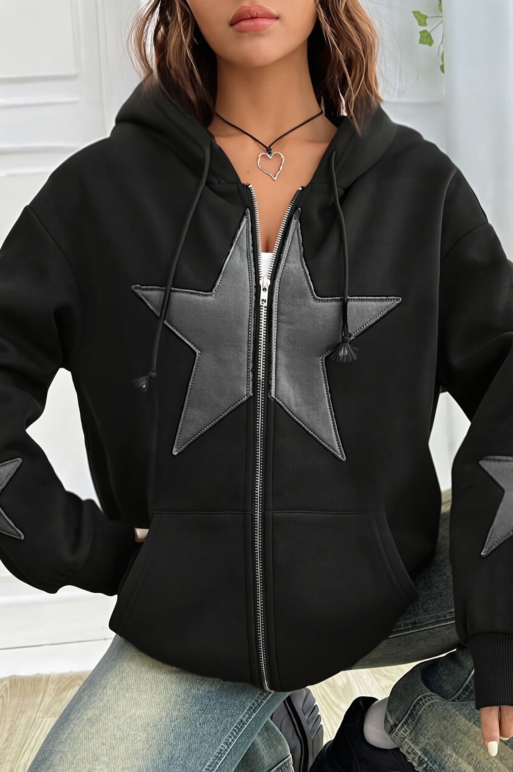 Women's oversized zip hoodie with hood and contrast star appliques
