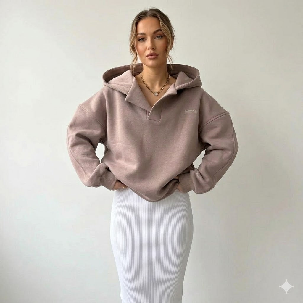 Women's oversized solid crossover hood lounge hoodie with long sleeves and ribbed trims