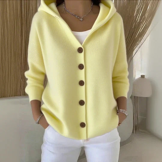 Women's hooded button-front cardigan with long sleeves