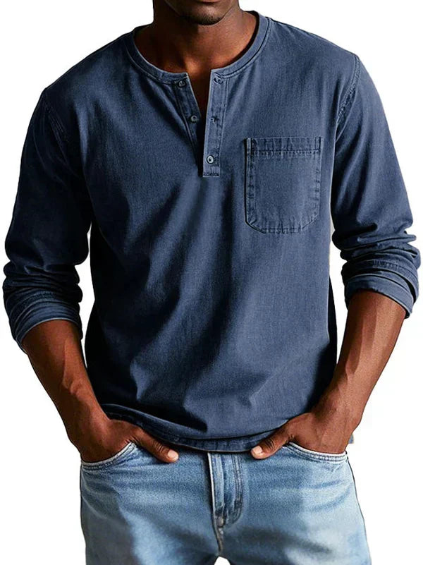 Men's long-sleeve Henley shirt with button placket and chest pocket
