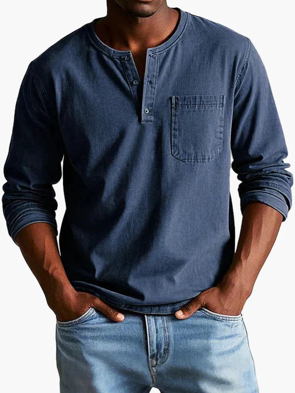 Men's long sleeve Henley shirt with round neck, button placket and chest pocket
