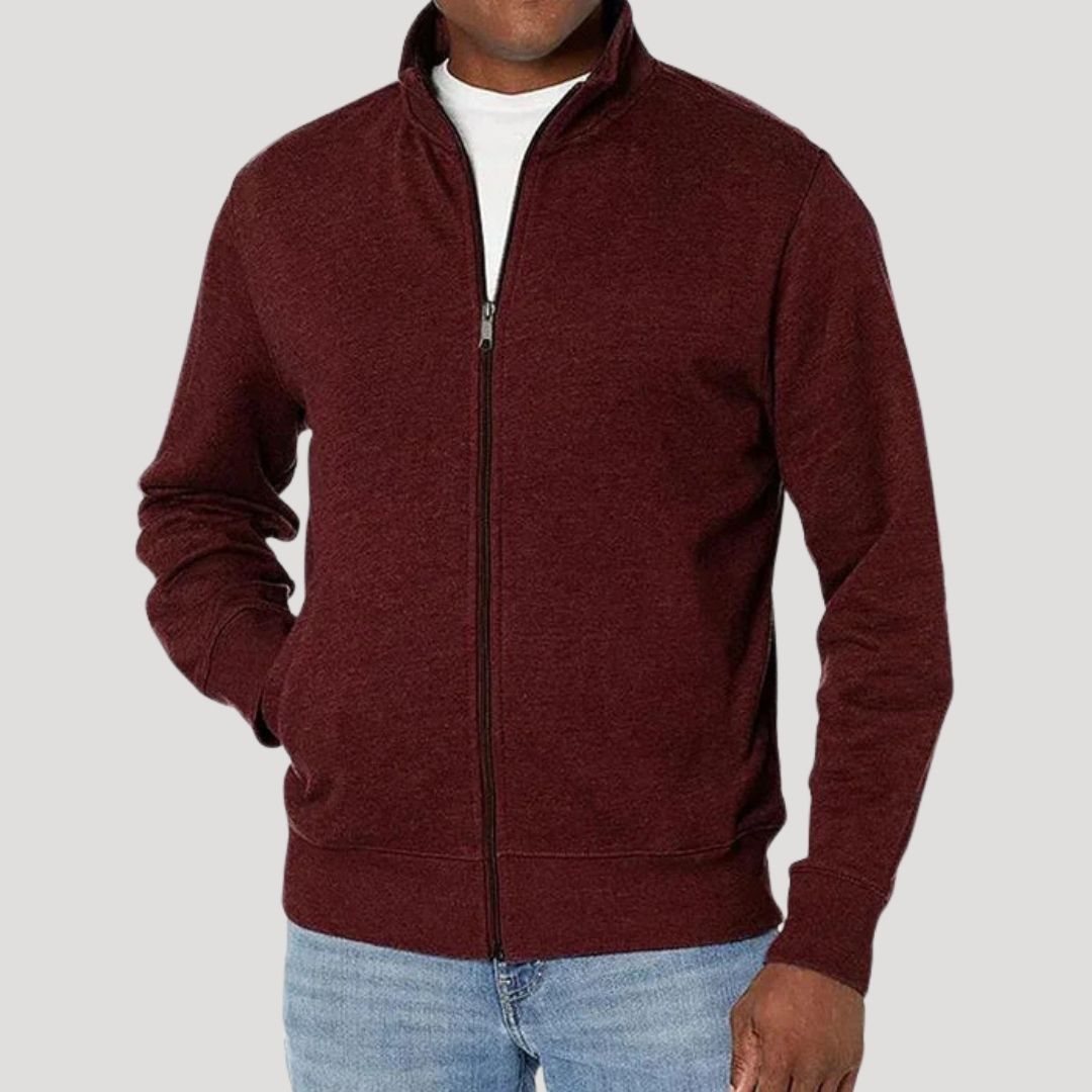 Men's long-sleeve zip-up jacket with stand collar and side pockets