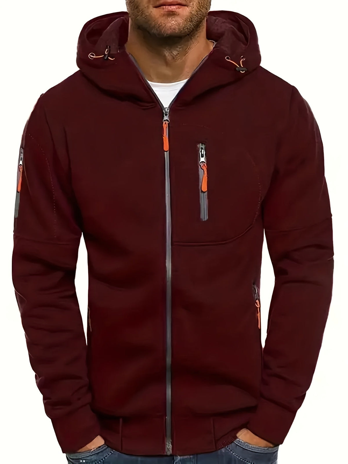 Men's plain hooded jacket with full zip and zipped pockets