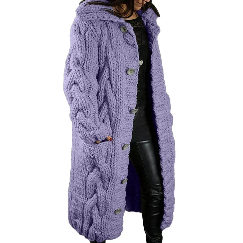 Women's longline cable knit hooded cardigan with button front
