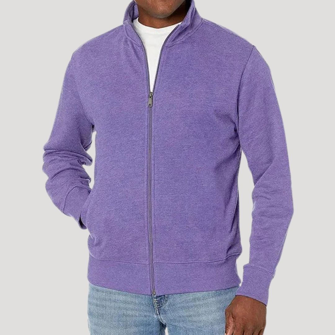 Men's long-sleeve zip-up jacket with stand collar and side pockets
