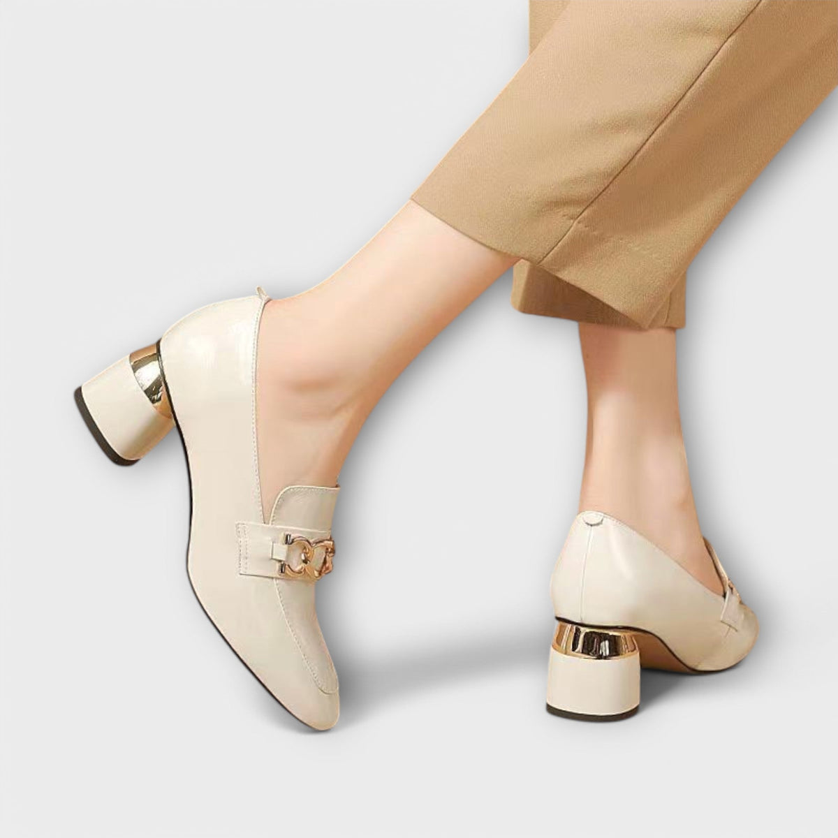 Women's patent loafers with chain detail and mid block heel