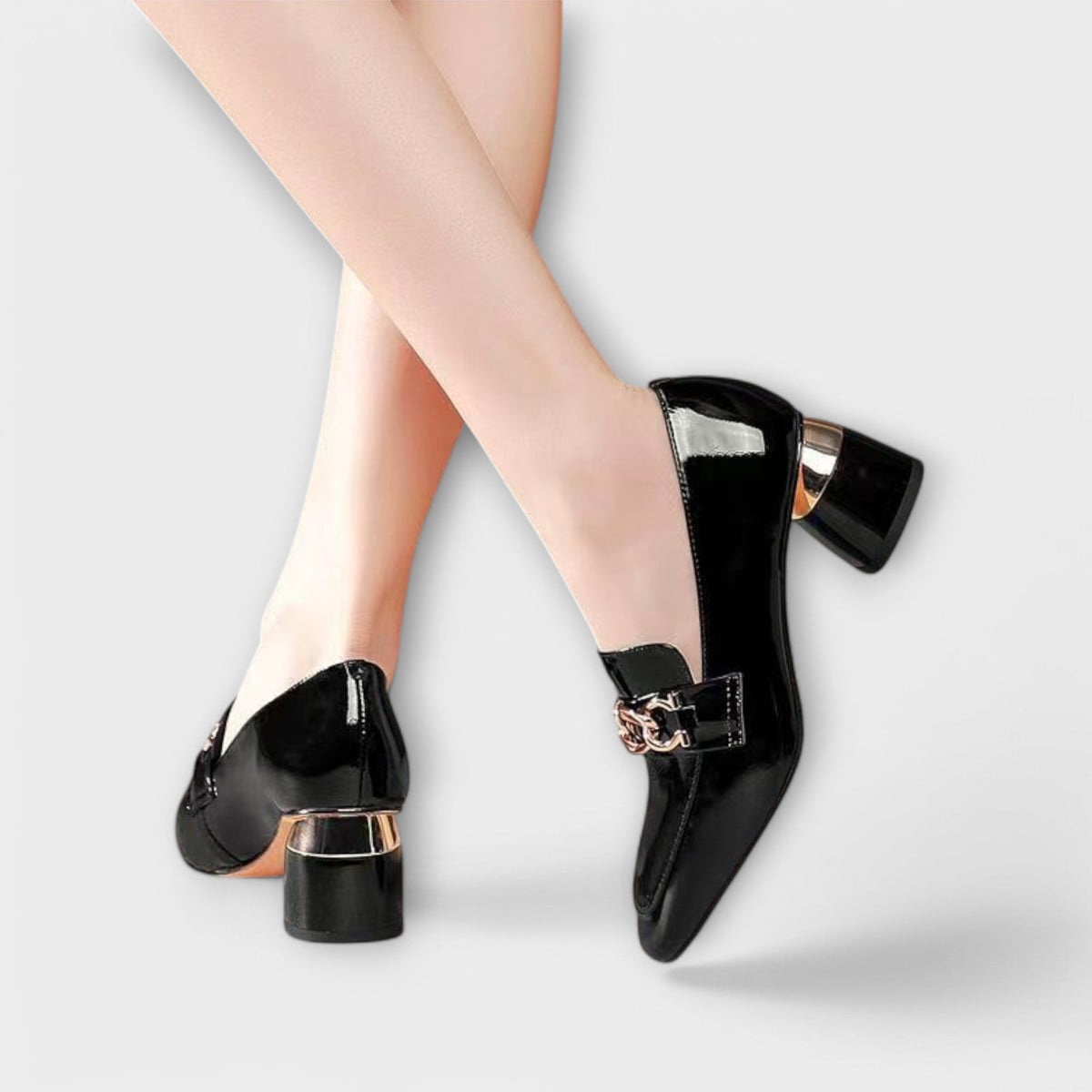 Women's patent loafers with chain detail and mid block heel