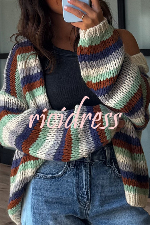 Women's chunky striped cardigan with open front and balloon sleeves