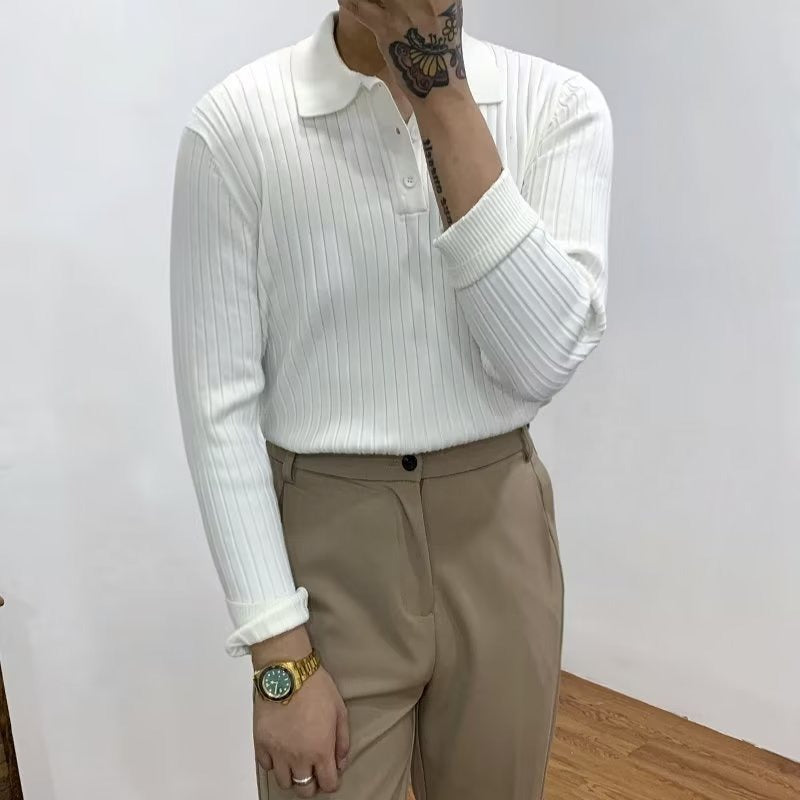 Men's long-sleeve ribbed polo sweater with collared neckline and button placket