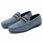 Men's moc toe loafer with striped vamp strap and flat black sole