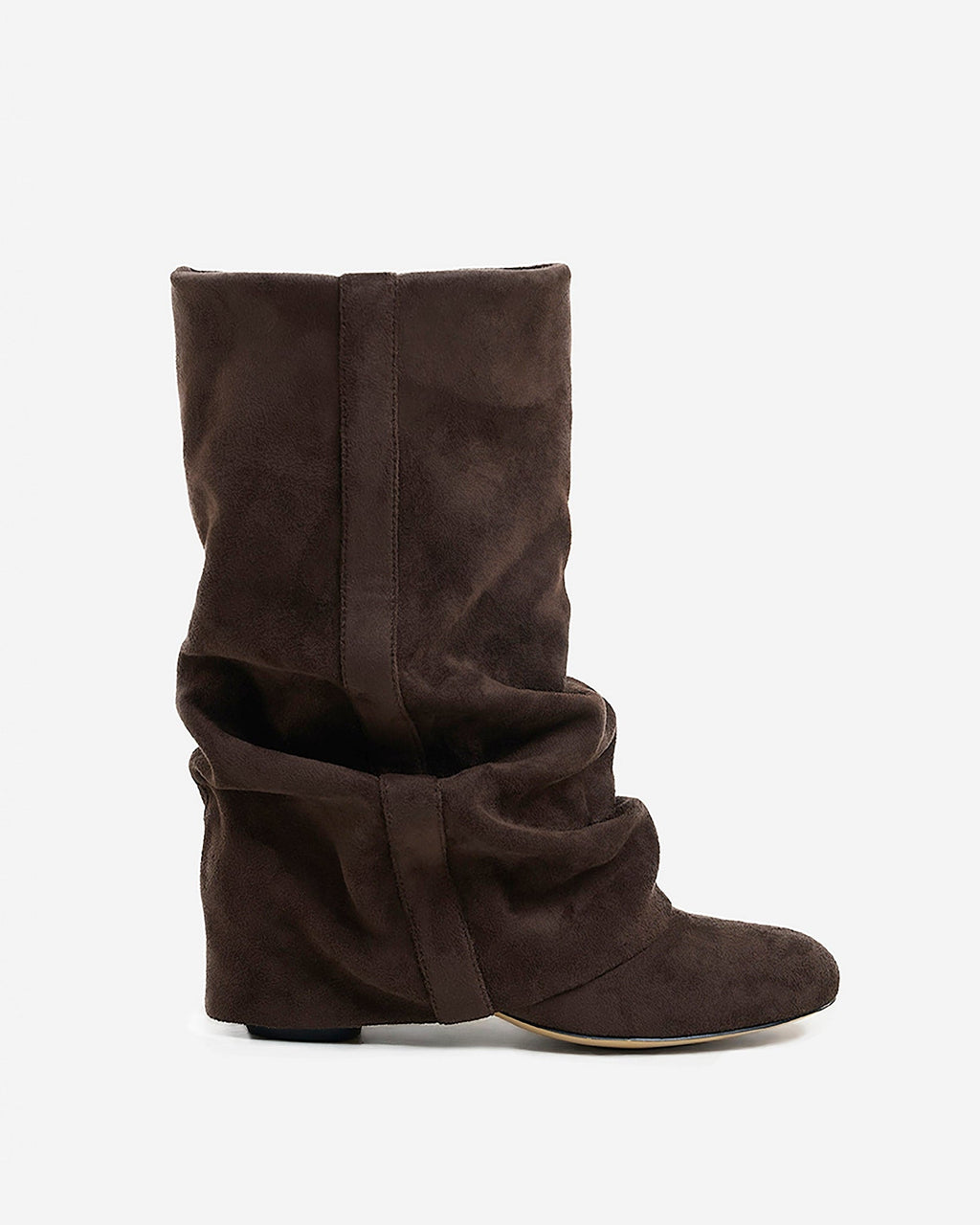 Women's brown slouch boots with gathered shaft, almond toe and low heel