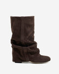 Women's brown slouch boots with gathered shaft, almond toe and low heel
