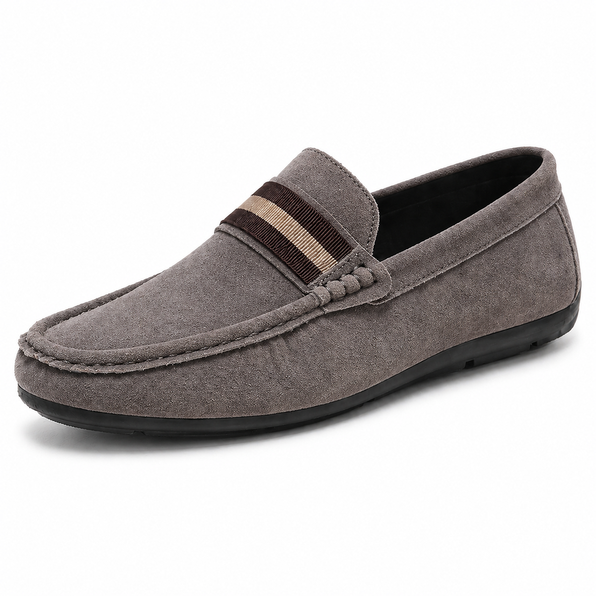 Men's moc toe loafer with striped vamp strap and flat black sole