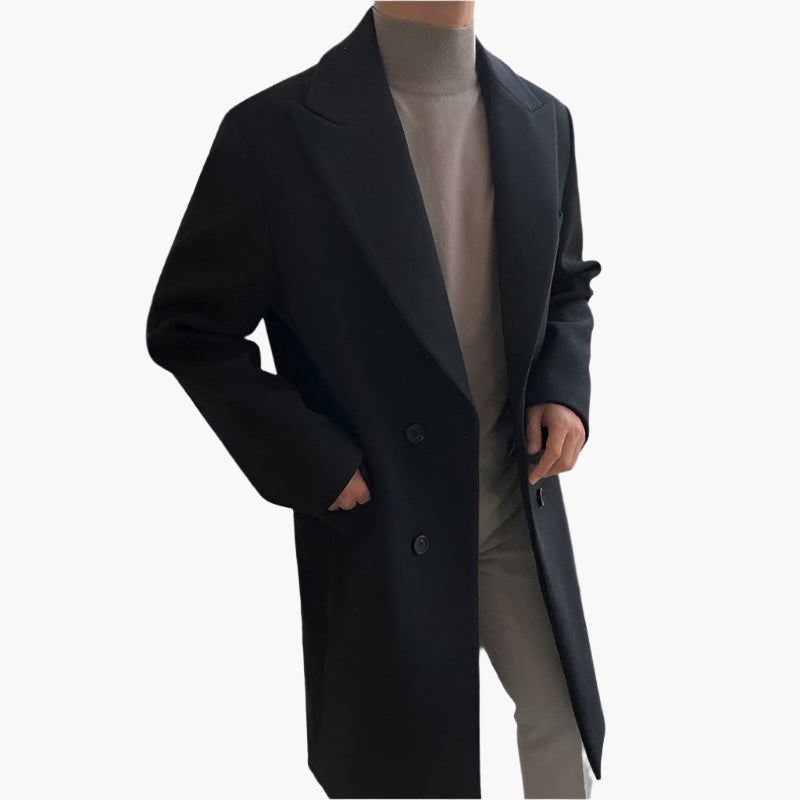 Men's long double-breasted overcoat with notched lapels and button fastening