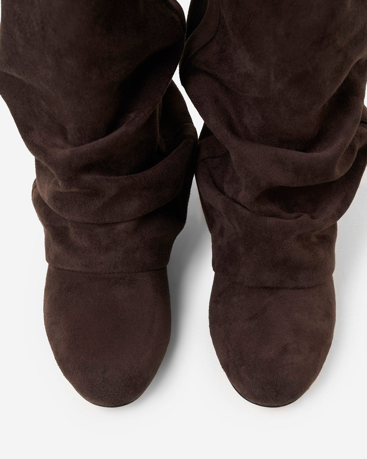 Women's brown slouch boots with gathered shaft, almond toe and low heel