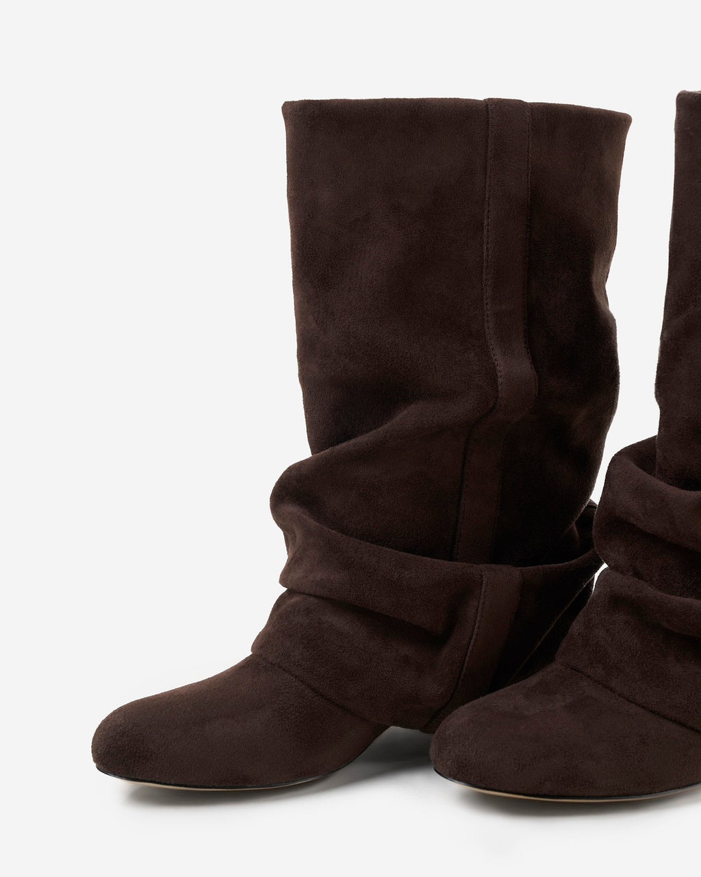 Women's brown slouch boots with gathered shaft, almond toe and low heel