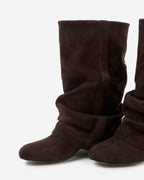 Women's brown slouch boots with gathered shaft, almond toe and low heel
