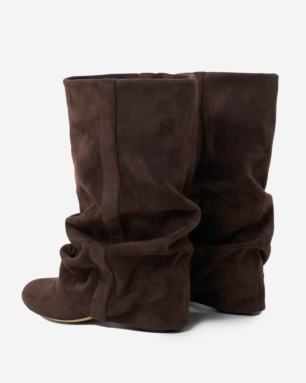 Women's brown slouch boots with gathered shaft, almond toe and low heel