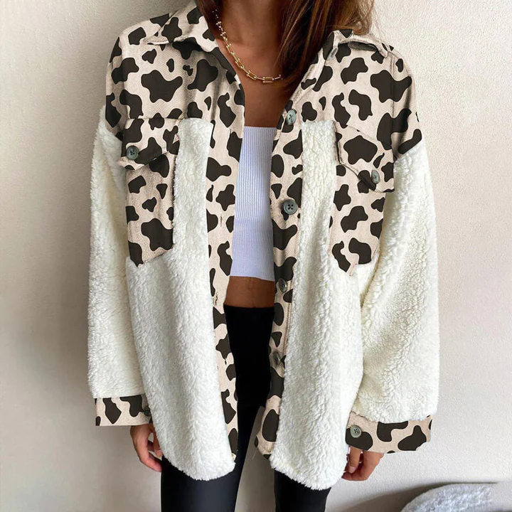 Women's checked jacket with contrasting textured panels and button front